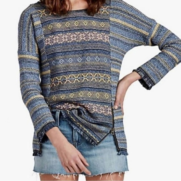 Lucky Brand Fringe Escape Boho Woven Embroidery Tapestry Knit Sweater Size XS - Picture 1 of 10